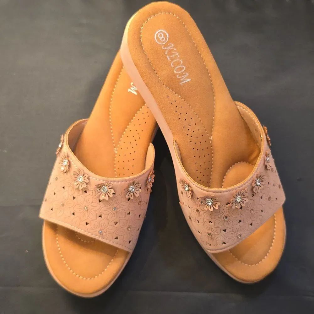 BRAND NEW KECOM WOMEN's FLORAL STUDDED DESIGN DETAIL SLIDE WEDGE SANDAL